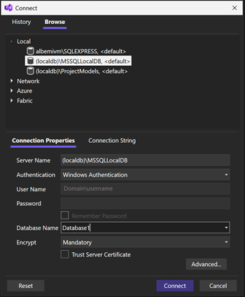 Schermopname van het dialoogvenster Verbinding maken met SQL Server Object Explorer.