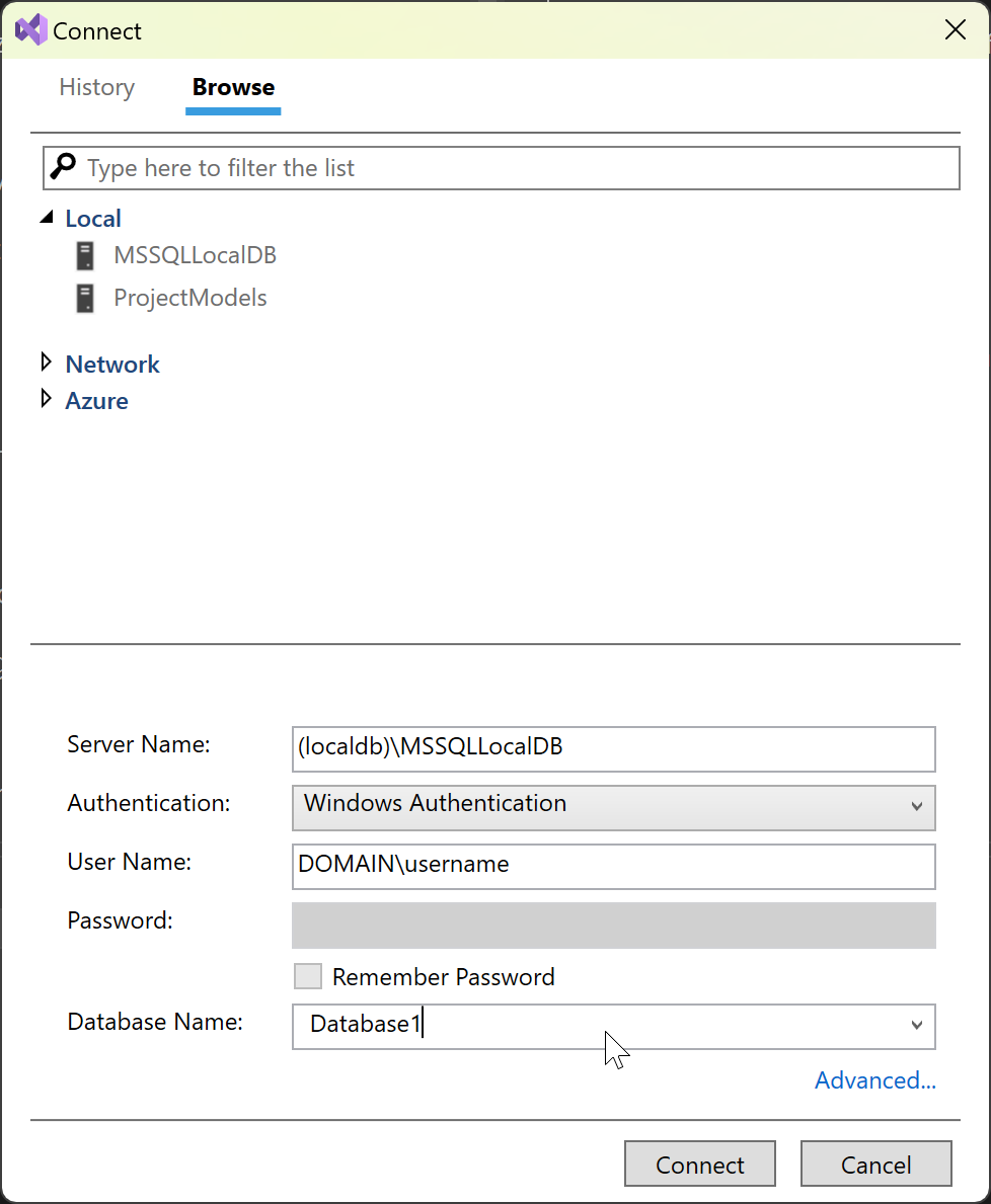 Schermopname van het dialoogvenster Verbinding maken met SQL Server Object Explorer.