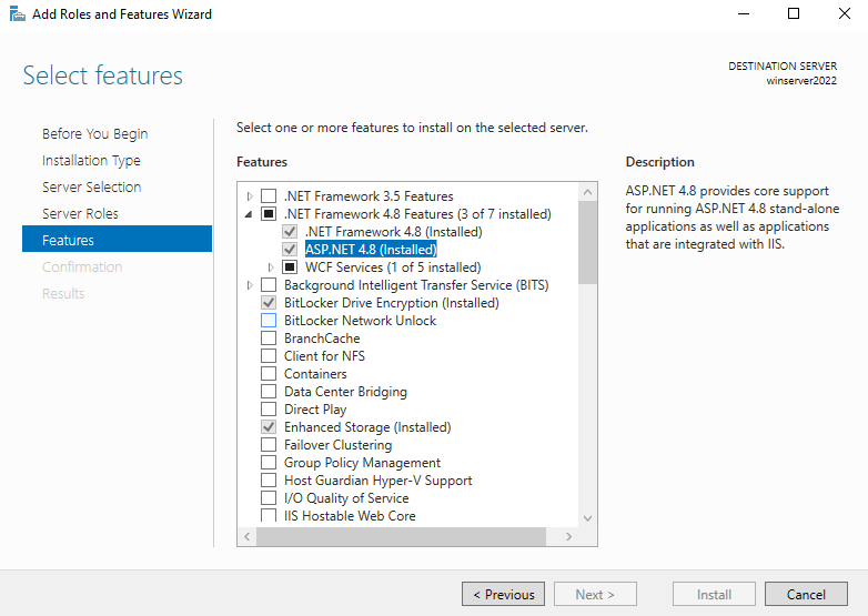 Schermopname van IIS Functies en onderdelen toevoegen voor IIS: ASP.NET 4.8 selected.