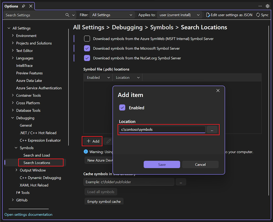 Schermopname die laat zien hoe u een nieuwe locatie voor de symboolserver toevoegt in Visual Studio.