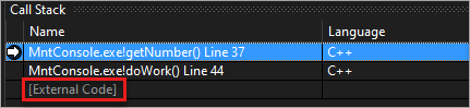 Schermopname van externe code in het venster Aanroepstack.