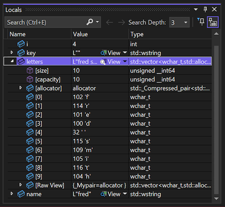 Schermopname van het controleren van variabelen en waarden in het venster Locals in Visual Studio 2022.