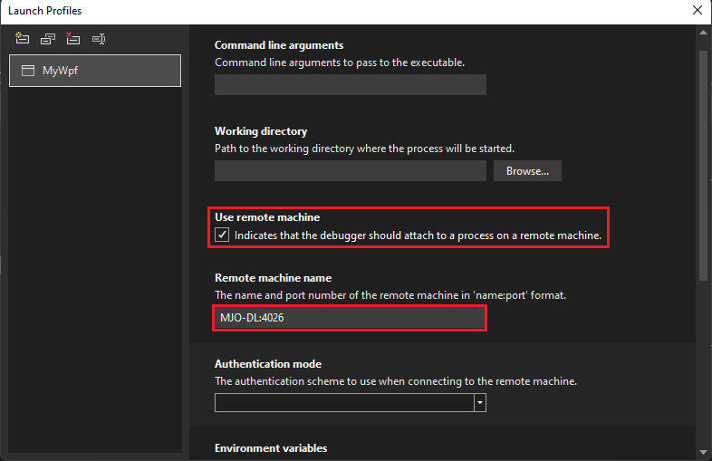 Schermopname van de gebruikersinterface van het foutopsporingsstartprofiel in de Visual Studio-projecteigenschappen voor C# en .NET.