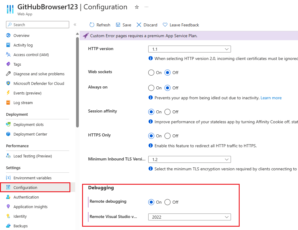 Een schermopname van de instellingen voor externe foutopsporing in Azure.