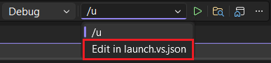 Schermopname van de vervolgkeuzelijst met opdrachtregelargumenten voor CMake-projecten. Het toont Bewerken in launch.vs.json als een optie.