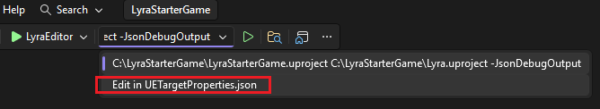 Schermopname van de vervolgkeuzelijst met opdrachtregelargumenten voor Unreal Engine-projecten. Het toont Bewerken in UETargetProperties.json als een optie.