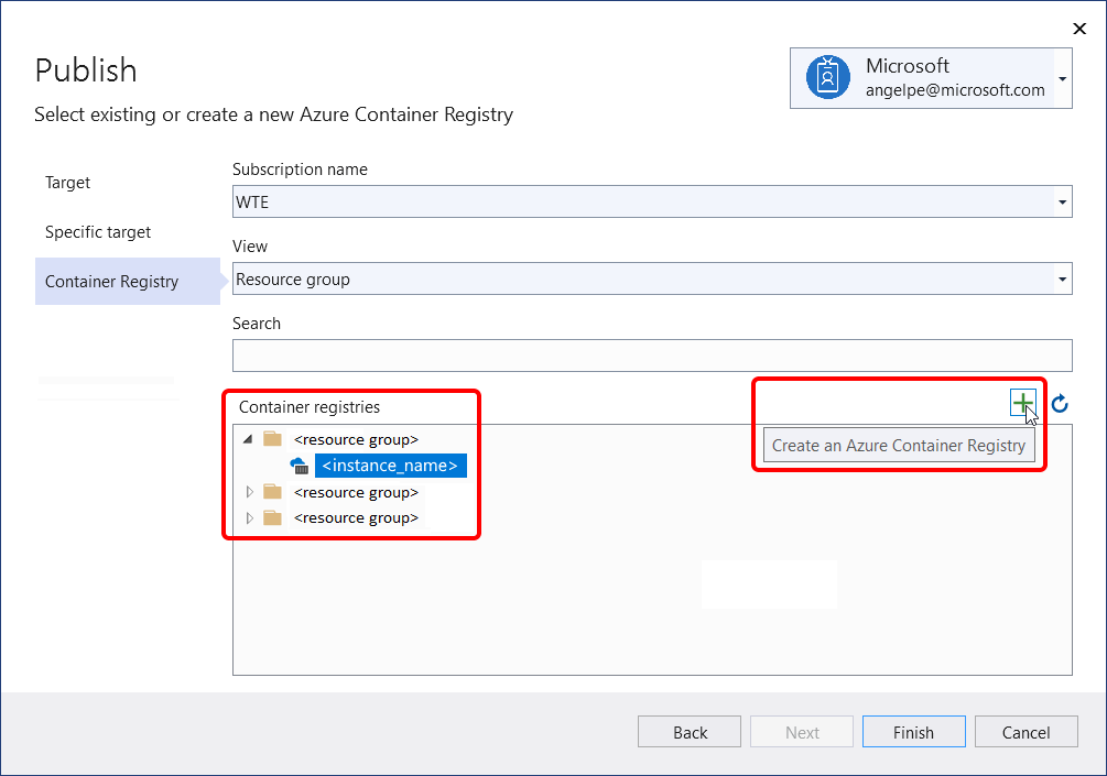 schermopname met de optie voor publiceren naar Azure Container Registry.
