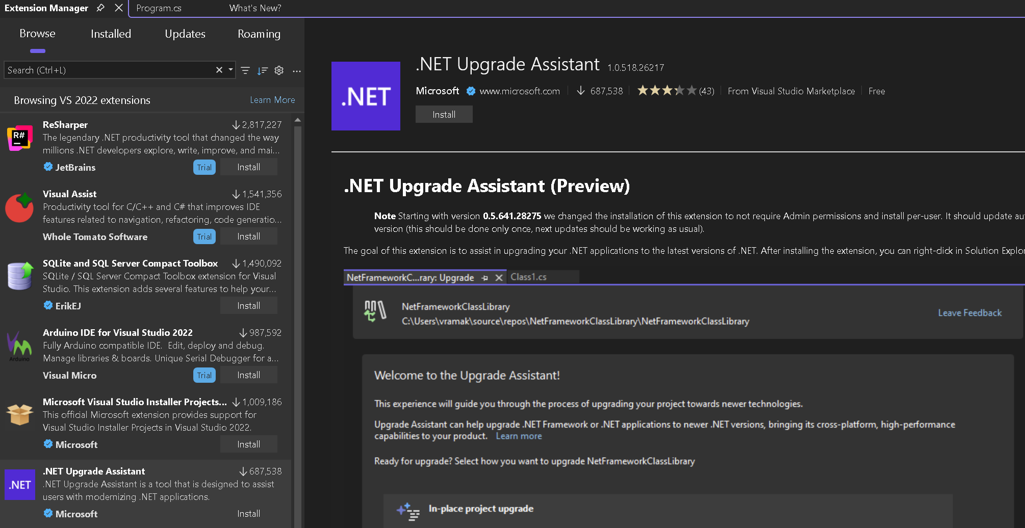 Schermopname van Visual Studio Extension Manager.