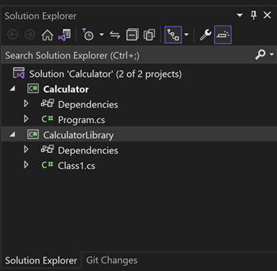 Schermopname van Solution Explorer met het project CalculatorLibrary-klassebibliotheek toegevoegd.