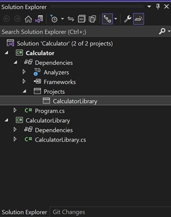 Schermopname van Solution Explorer met projectverwijzing.