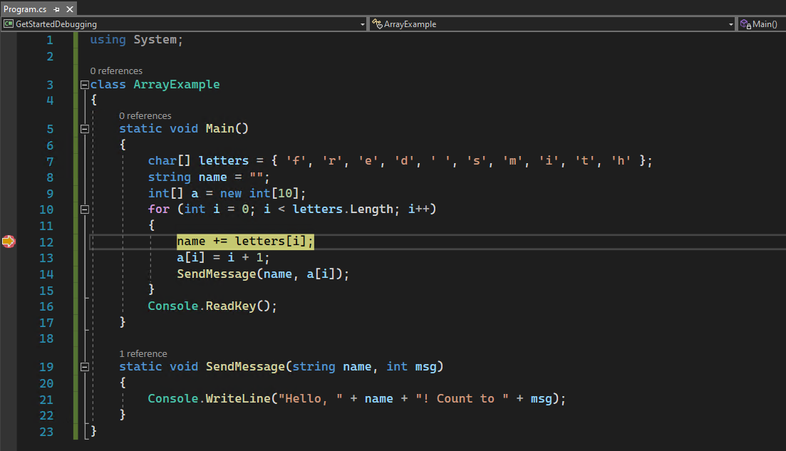 schermopname van een onderbrekingspunt in de code-editor van Visual Studio 2022, waarbij de uitvoering van code is onderbroken op het onderbrekingspunt.