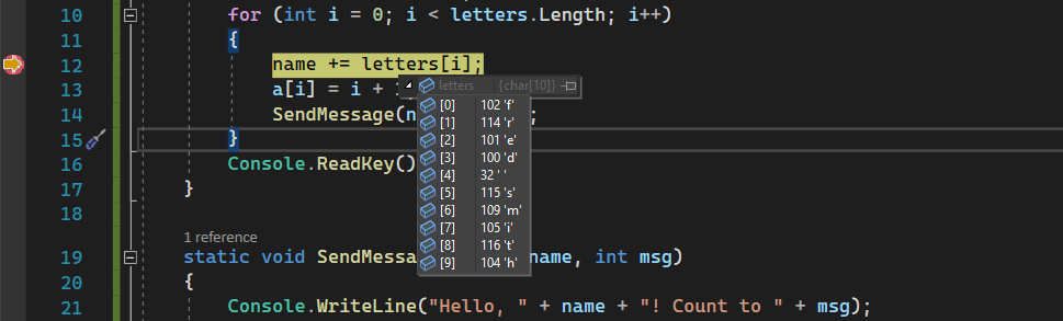 Schermopname van een debuggertip in Visual Studio 2022 waarin de elementwaarden voor het 'letters'-arrayvariabele worden weergegeven.