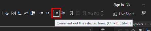 Schermafbeelding van de knop Opmerkingen uit op de werkbalk Teksteditor in Visual Studio 2022.