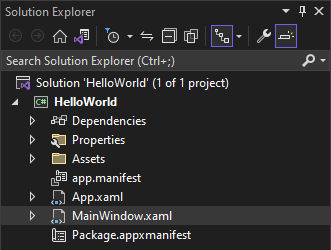 Schermopname van het Solution Explorer-venster met de eigenschappen, verwijzingen, assets en bestanden in het Project HelloWorld, met het bestand MainWindow.xaml geselecteerd.