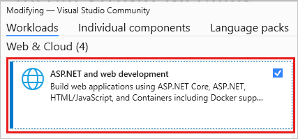 Schermopname van het wijzigen van een workload in Visual Studio Installer.