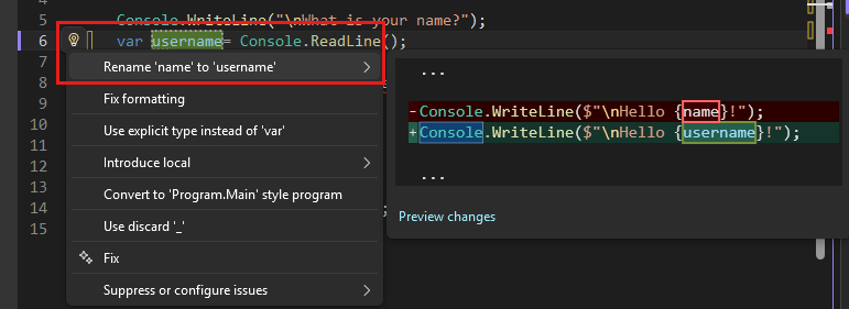 Schermafbeelding met de actie Naam wijzigen in Visual Studio.