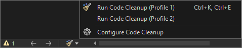 Schermafbeelding met het pictogram Codeopruiming en het menu in Visual Studio 2022.