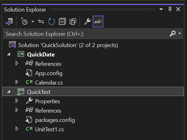 Schermopname van Solution Explorer met twee projecten.