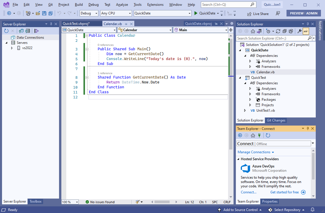 Schermafbeelding met Visual Studio in blauw thema.