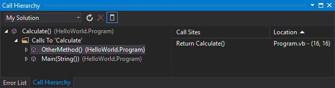 Schermafbeelding met het venster Oproephiërarchie in Visual Studio 2022.