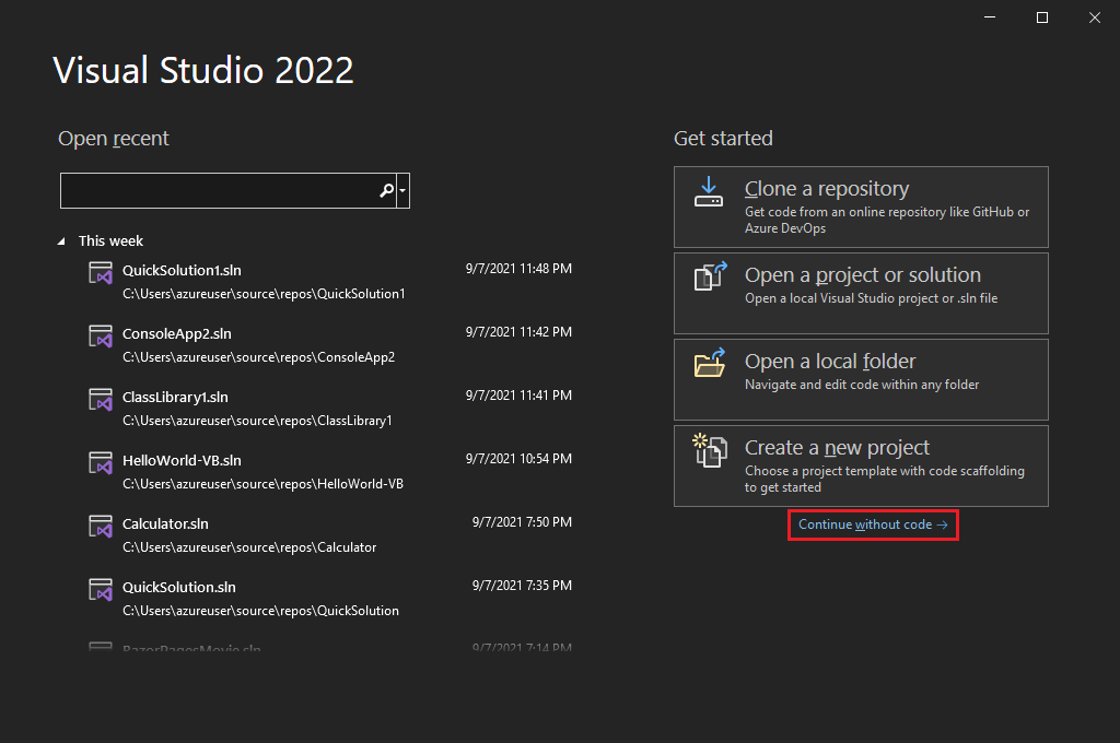 Schermafbeelding van het startscherm van Visual Studio, met de koppeling Doorgaan zonder code gemarkeerd.
