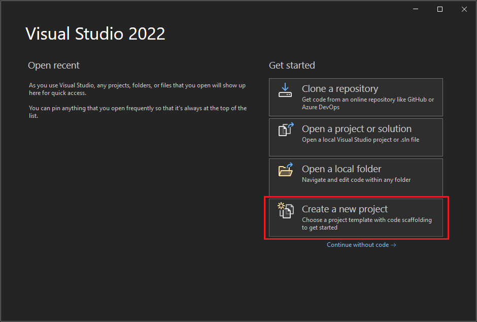 Schermopname van het startvenster van Visual Studio met 'Een nieuw project maken' geselecteerd.