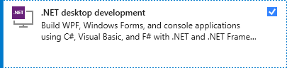 Schermopname van de workload voor het ontwikkelen van .NET-desktops in het Installatieprogramma van Visual Studio.