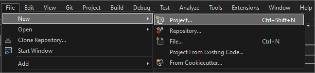 Schermopname van de > Nieuwe > Projectselectie in de menubalk van Visual Studio 2022.