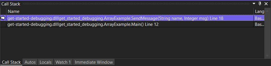 Schermopname van het venster Visual Studio Call Stack met een SendMessage-methode-aanroep gemarkeerd in de bovenste regel.