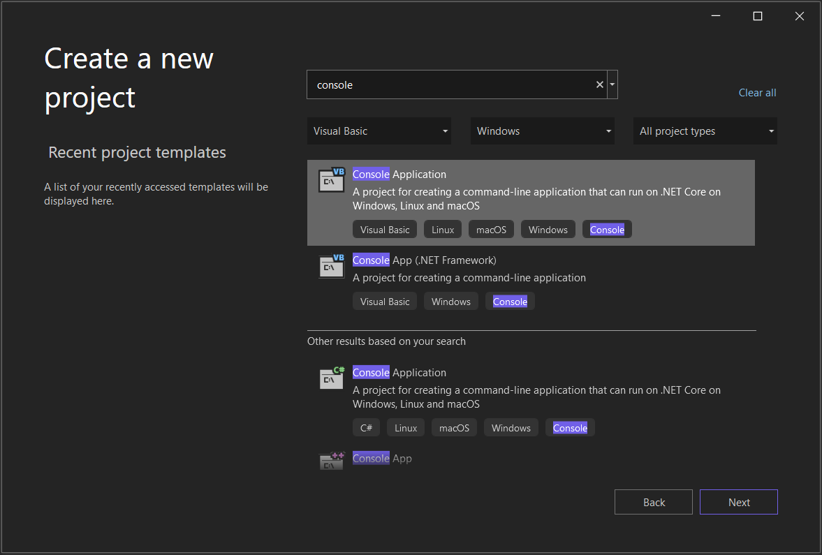 Schermopname van het venster Een nieuw project maken in Visual Studio 2022 met 'console' in het zoekvak, en Visual Basic en Windows geselecteerd voor de filters Taal en Platform en de console-app-projectsjabloon geselecteerd.