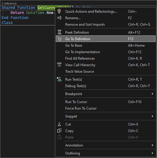 Screenshot die 'Ga naar definitie' laat zien in Visual Studio 2022.