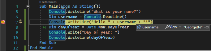 Schermafbeelding met een variabele waarde tijdens foutopsporing in Visual Studio 2022.