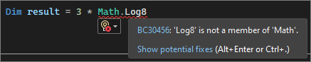 Schermopname van een golvende onderstreping in Visual Studio 2022.