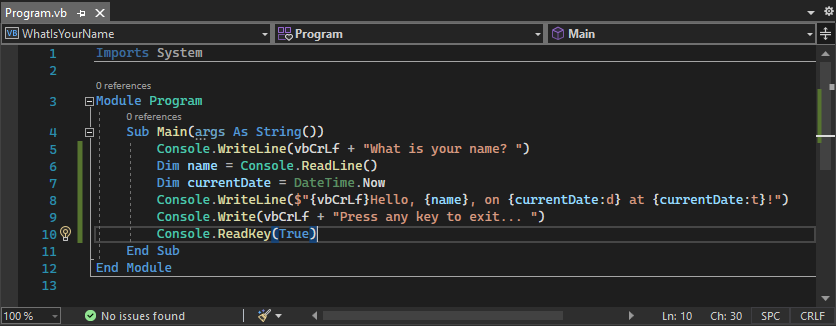 Schermopname van de code voor het bestand 'Program.vb' in het project 'WhatIsYourName' dat is geladen in de Visual Basic-code-editor.