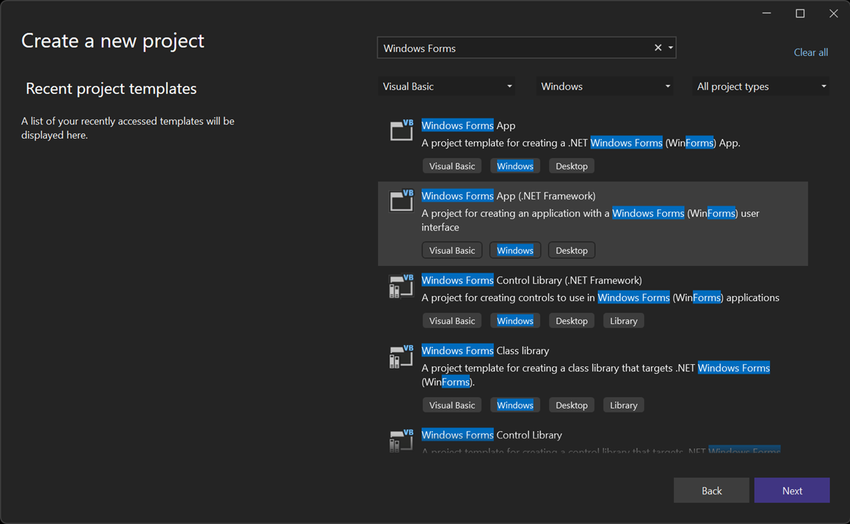 Schermopname van het venster Een nieuw project maken met Windows Forms App (.NET Framework) geselecteerd.