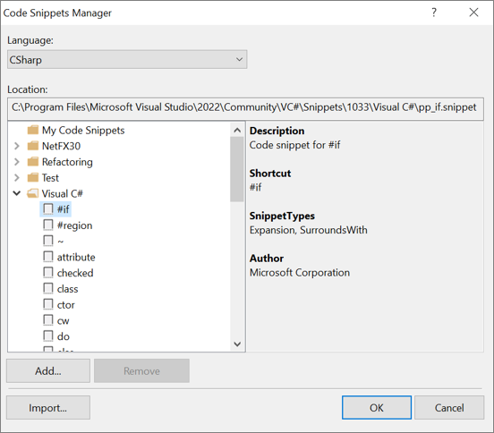 Schermafbeelding van het dialoogvenster Code Snippets Manager.