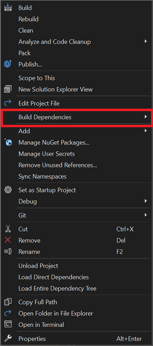 Schermopname van het snelmenu van een projectknooppunt in Solution Explorer, waarin een extra optie wordt weergegeven.