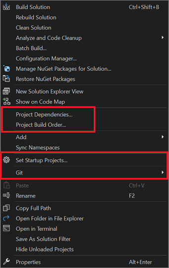 Schermopname van het snelmenu van een oplossingsknooppunt in Solution Explorer, waarin extra opties worden weergegeven.