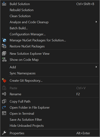 Schermopname van het snelmenu van een oplossingsknooppunt in Solution Explorer.