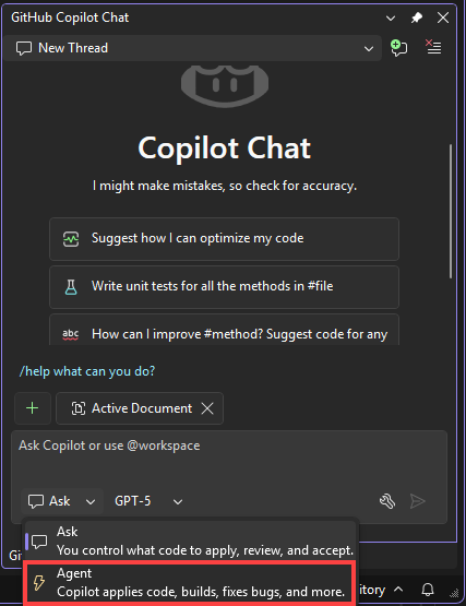 Schermopname van de Copilot-agent moduskiezer.