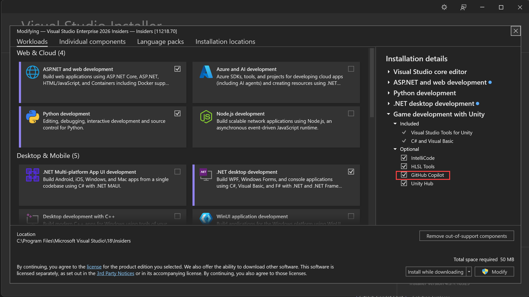 Schermopname van het gebruik van het Visual Studio Installer om het GitHub Copilot-onderdeel te installeren.