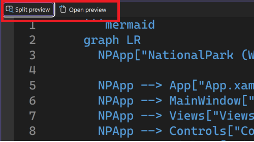 Schermopname van de markdown-preview-besturingselementen op de werkbalk van de Visual Studio-editor, met opties voor Gesplitste Voorbeeldweergave, Open Voorbeeldweergave en Markdown bewerksmodus.