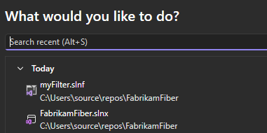 Schermopname van de lijst Recent openen in Visual Studio.