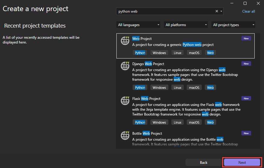 Schermopname van het maken van een nieuw Python-webproject in Visual Studio.