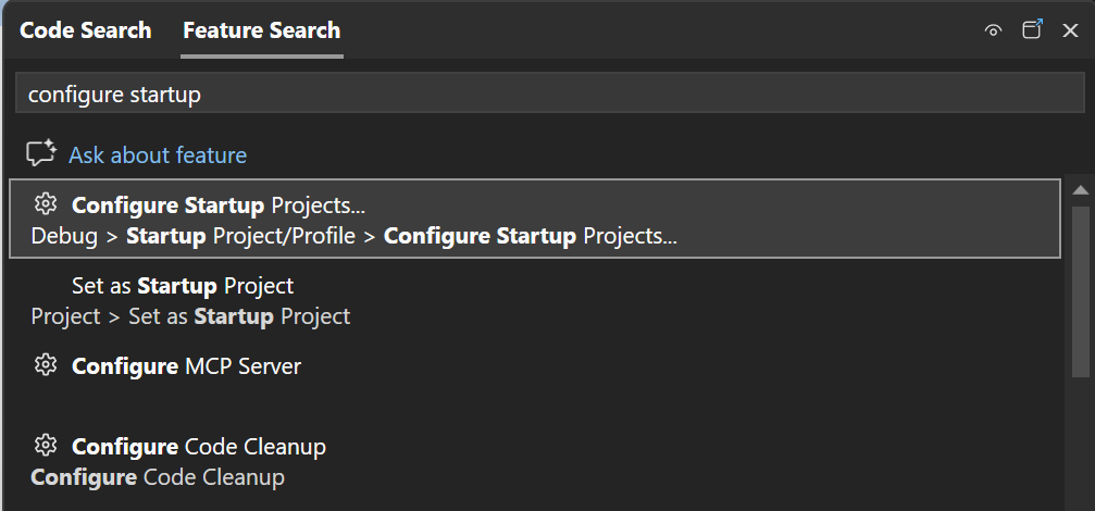 schermopname van het zoeken naar opstartprojecten configureren in Functie zoeken.