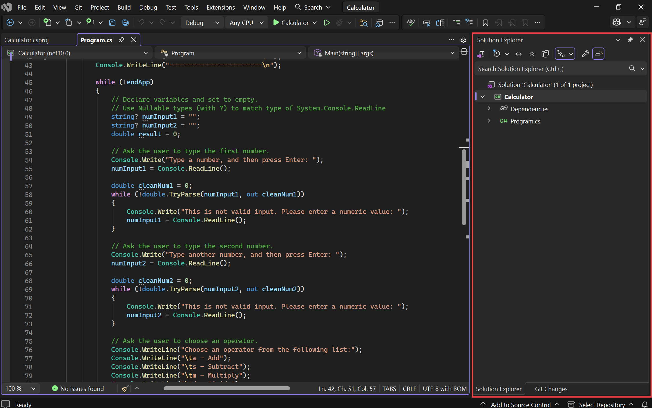 Schermopname van de Visual Studio IDE die laat zien waar Solution Explorer zich bevindt.
