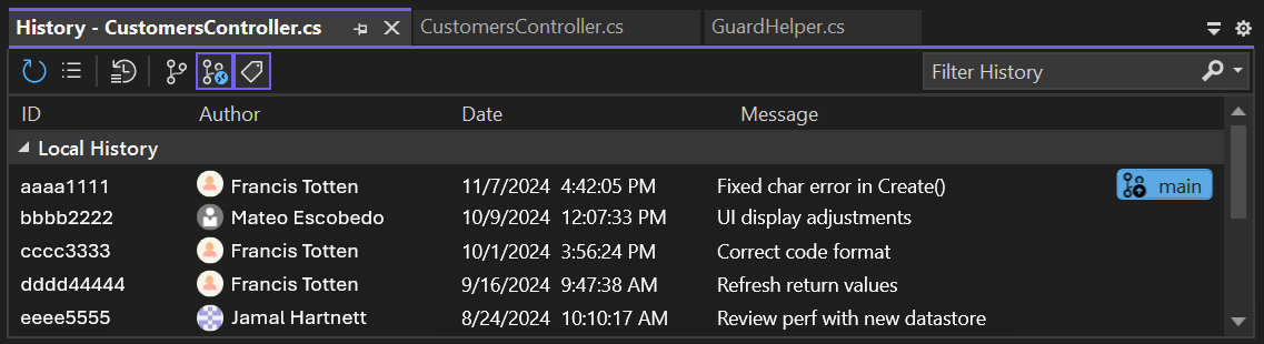 Schermopname met de codeLens-wijzigingsgeschiedenis voor code in een GitHub opslagplaats in Visual Studio.