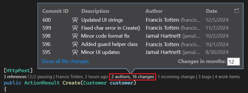 Schermopname met de wijzigingsgeschiedenisgegevens voor uw code in CodeLens voor Visual Studio.