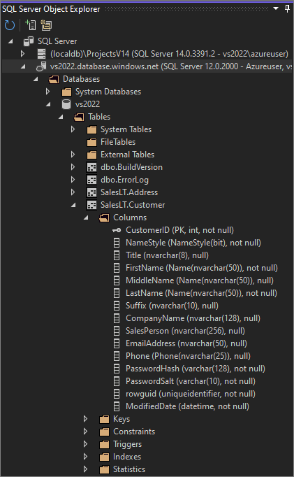 Schermopname van het venster SQL Server Objectverkenner.