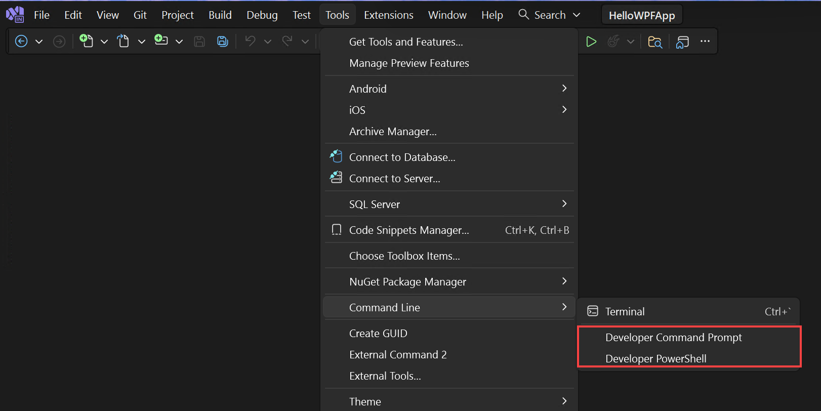 Schermopname van het menu Opdrachtregel in Visual Studio.